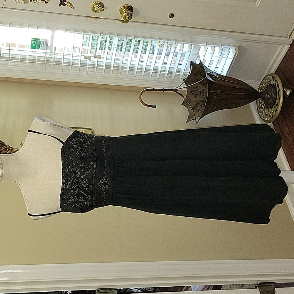 Davids Bridal black embroidered beads empire waist dress removable strap  6 EUC…